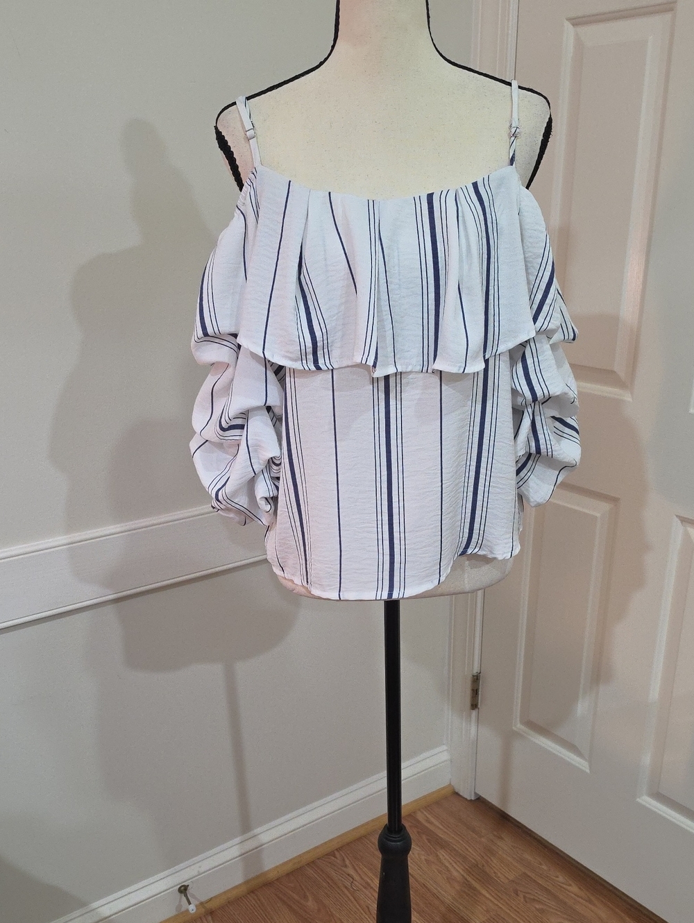 Hot & Delicious Striped Off-Shoulder Ruffle Blouse - White & Navy - Size S